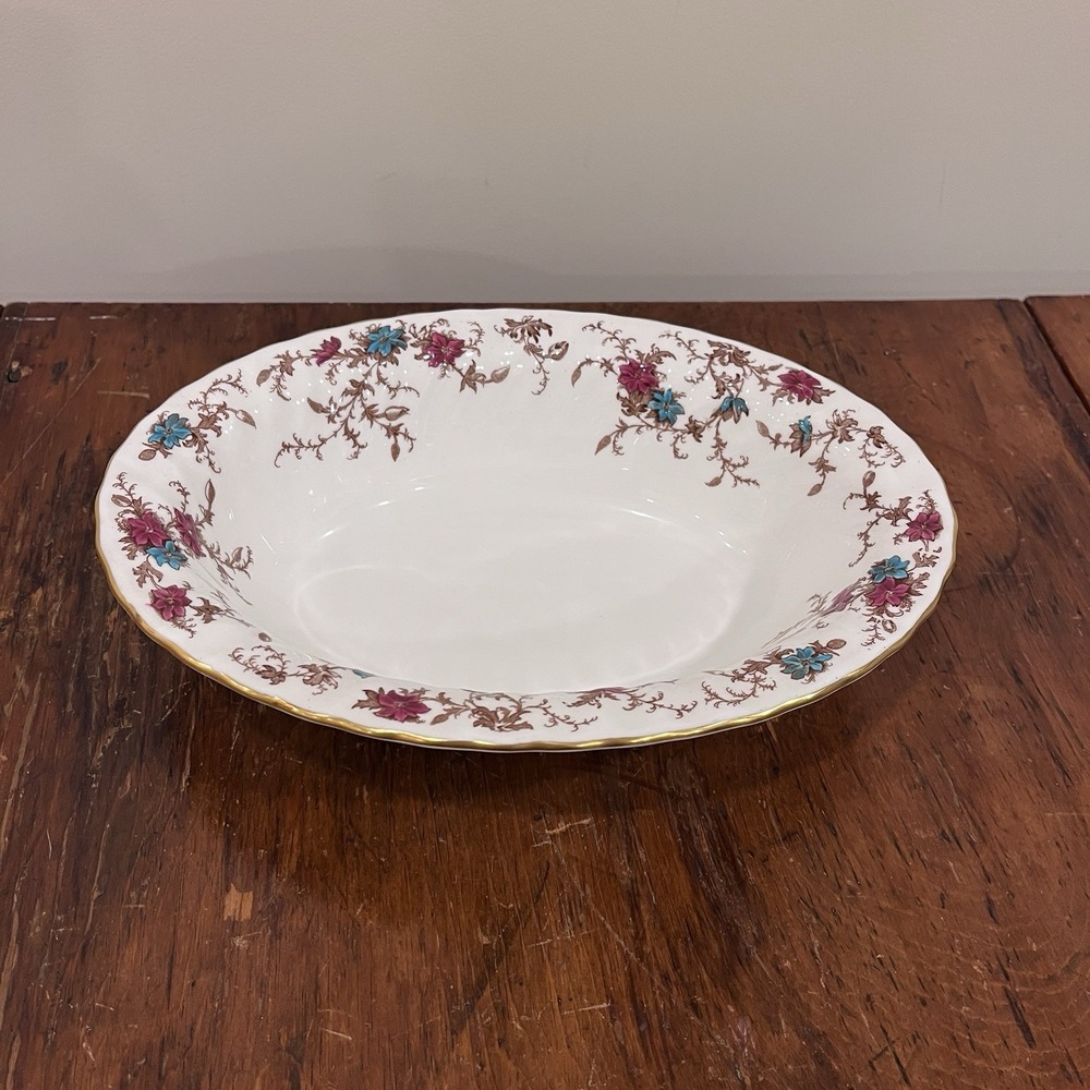 Minton Ancestral S-376 Oval Vegetable Bowl Bone China England Floral Gold Trim